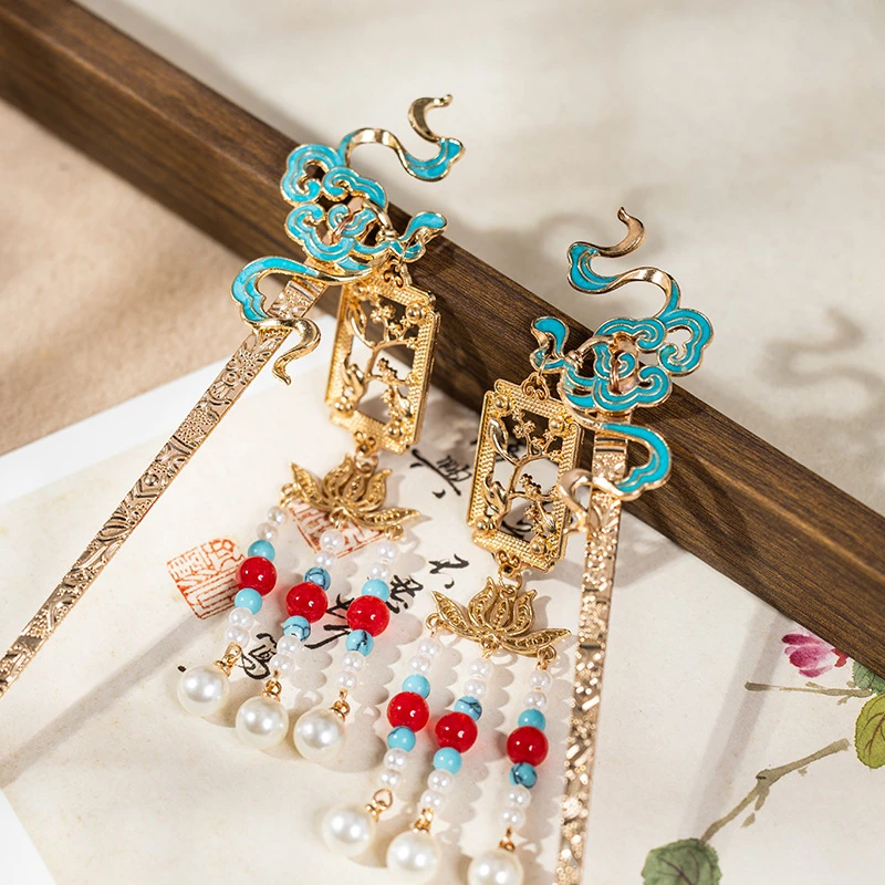 古风发簪烧蓝簪子一对流苏步摇新中式盘发