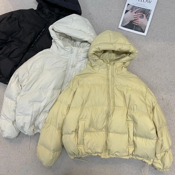 ［巧巧定制］新款韩版百搭宽松时尚设计感连帽抽绳保暖羽绒服 51225