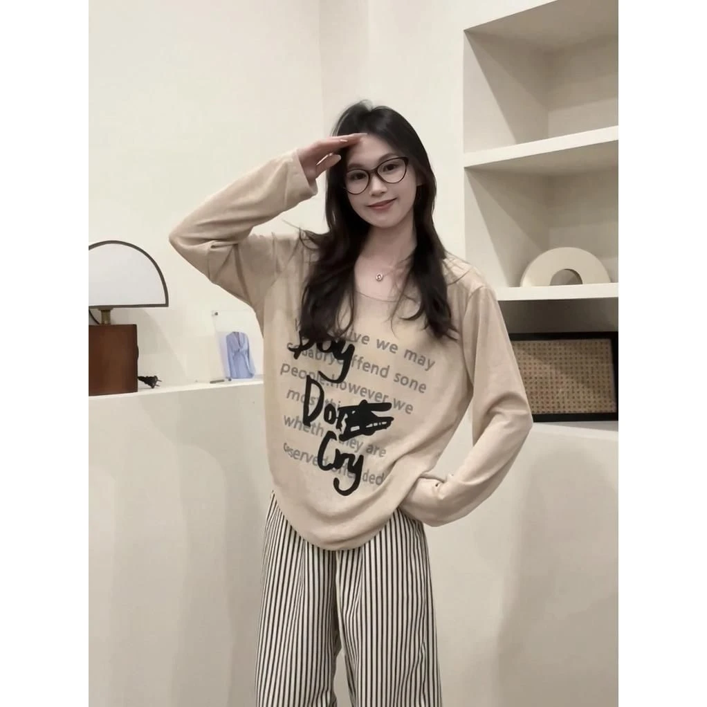 竹节螺纹 慵懒风防晒T恤字母印花设计感小众女百搭宽松卡其上衣