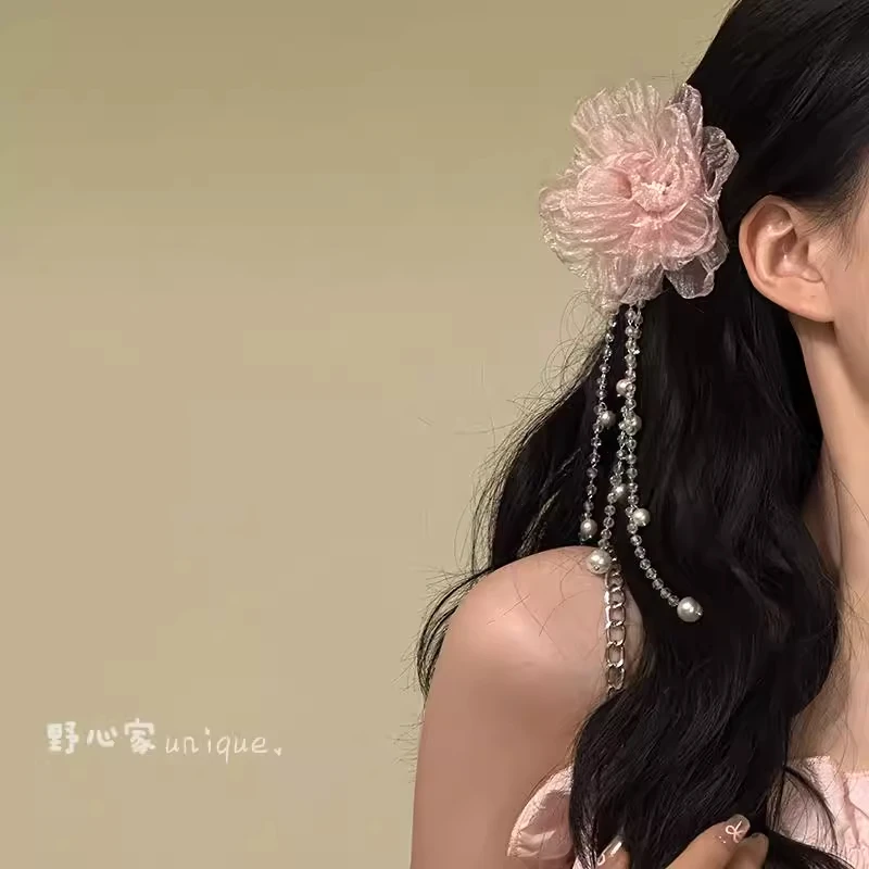 爱在花季！粉色网纱花朵流苏发夹！超仙侧边夹高颜值刘海夹盘发器