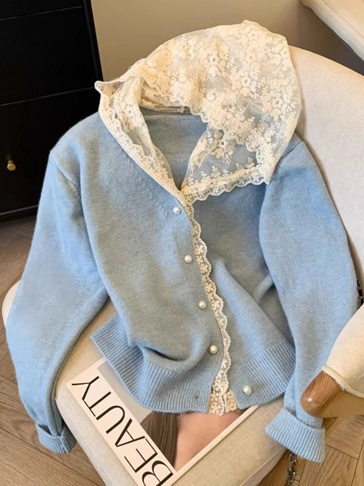 小香风蕾丝连帽针织开衫女秋冬2025新款温柔奶呼呼毛衣超好看上衣