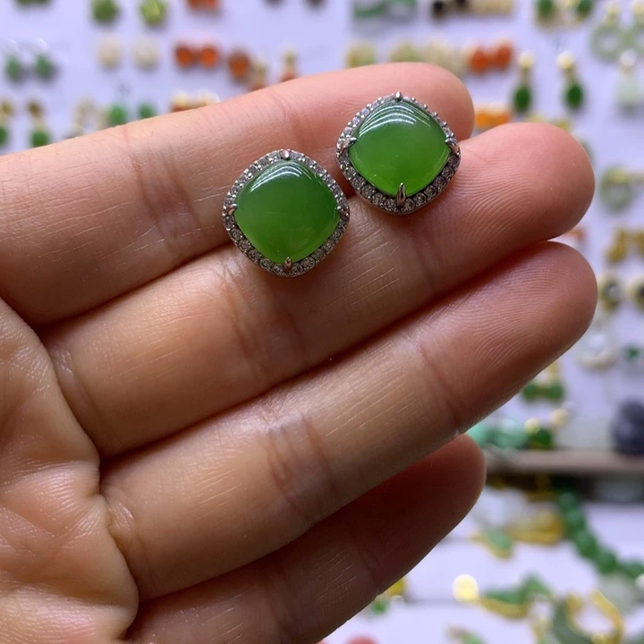 和田玉银S925镶嵌耳饰