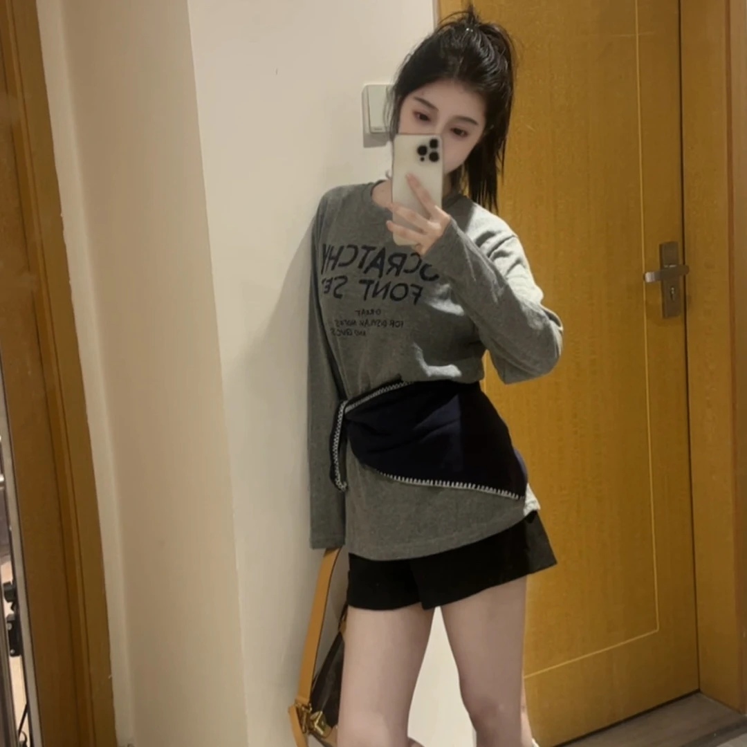 常规款修身型长袖复古港风T恤辣妹休闲设计师黑色