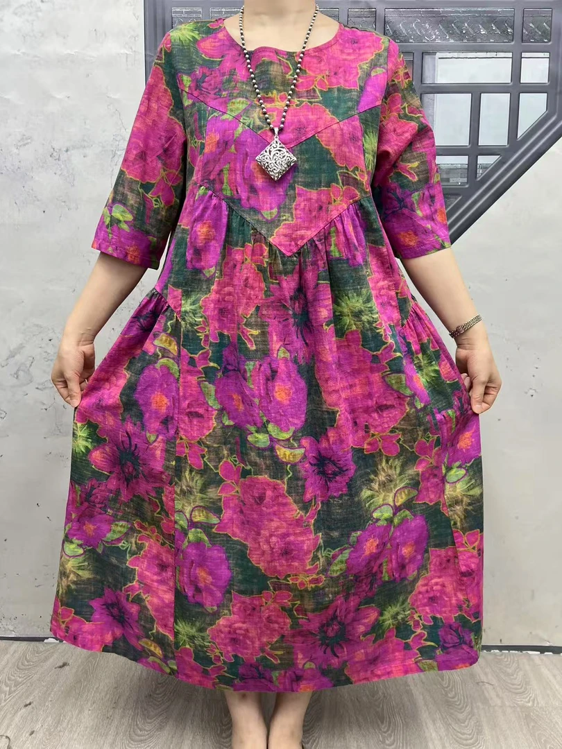 8807蓝底紫粉花朵时尚文艺复古长款大摆连衣裙