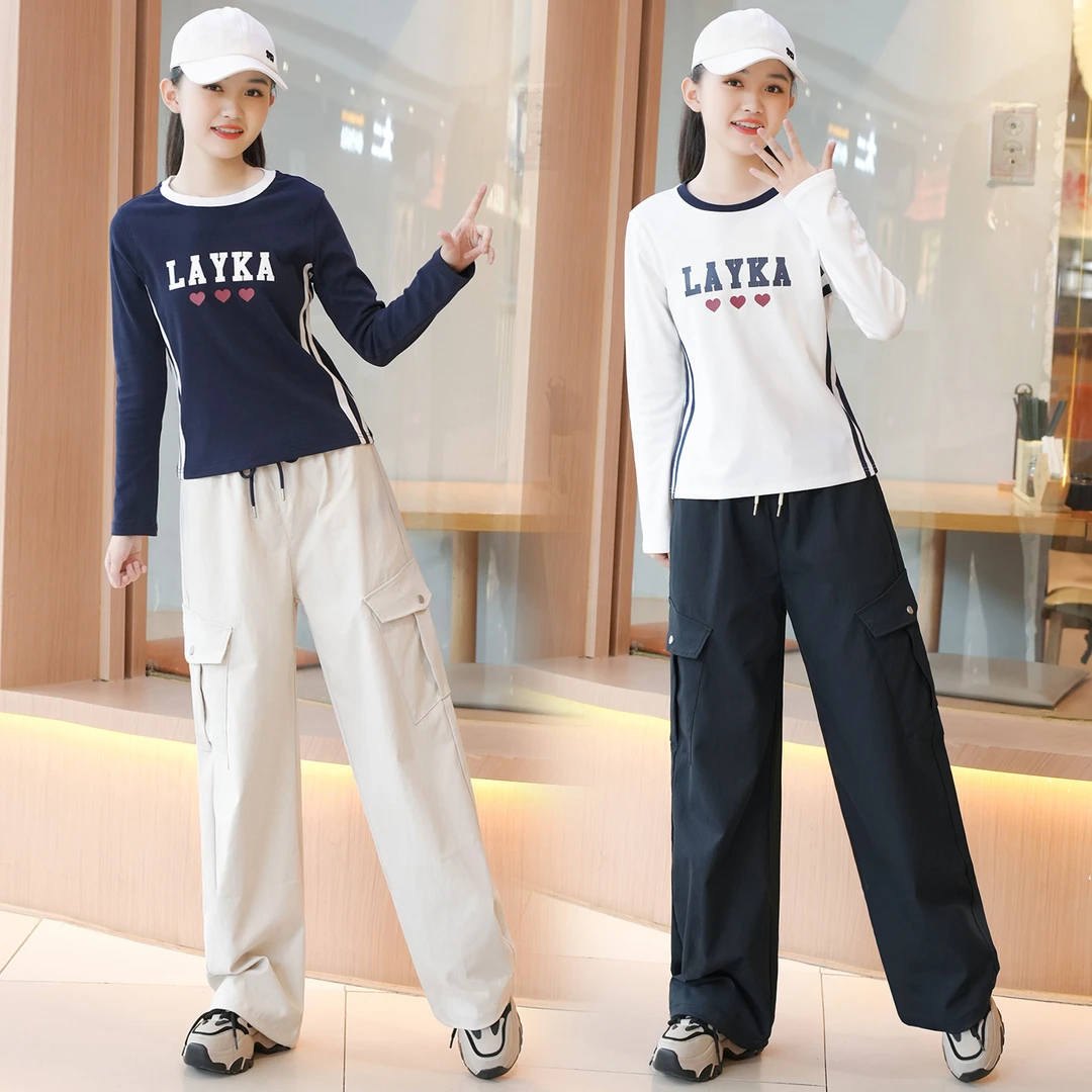女童春秋新款8-18岁中学生青少年秋季百搭长袖休闲T恤韩版工装裤
