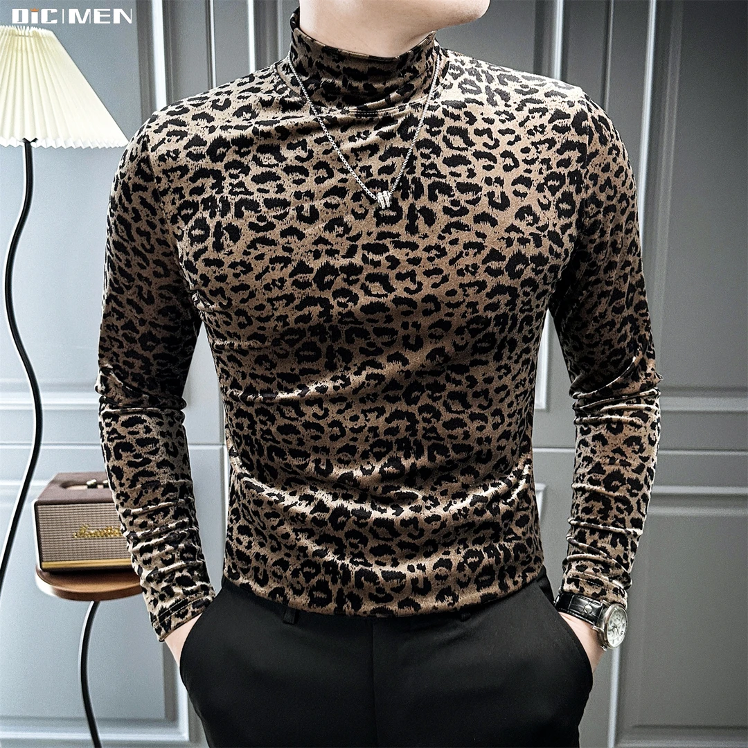 豹纹金丝绒男士打底衫内搭半高领痞帅高级感潮流长袖T恤男款上衣