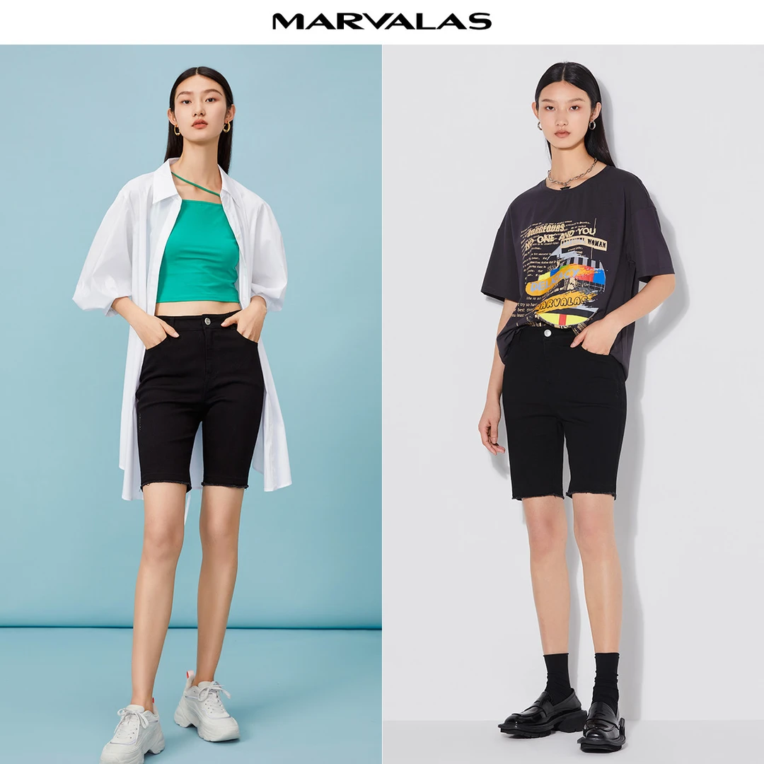 【小余专属】高腰单扣牛仔裤夏季简洁时尚毛边修身短裤M110019