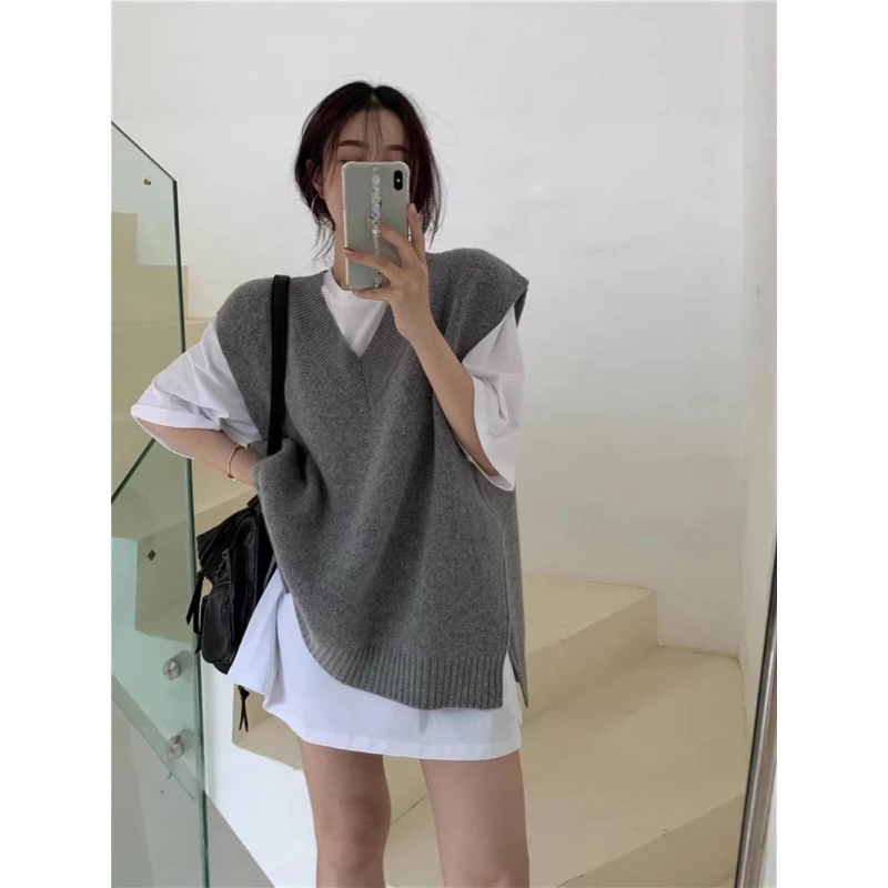 新款秋冬韩版宽松V领针织马甲女外穿中无袖毛衣背心坎肩