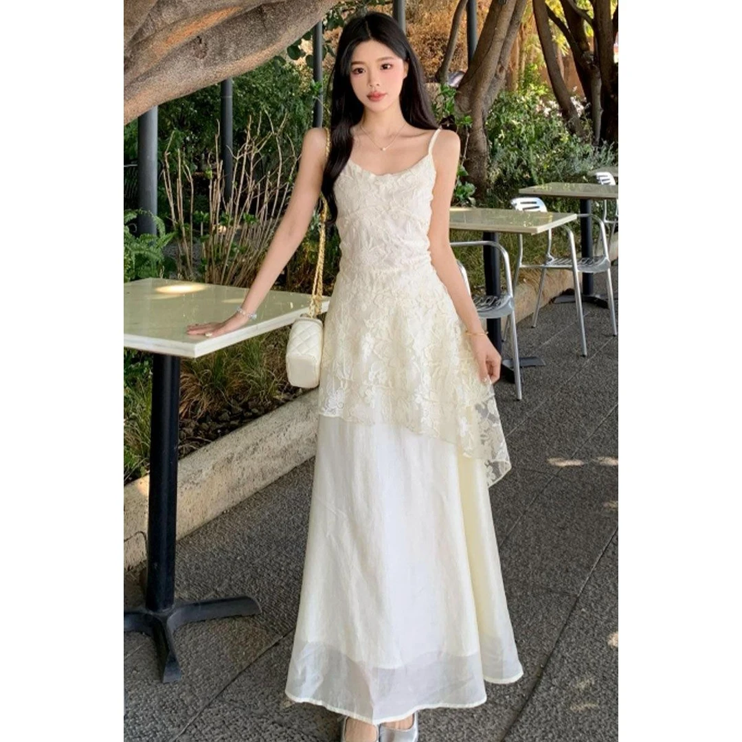 大码胖春夏法式蕾丝拼接吊带裙女收腰显瘦设计感收腰显瘦中长裙