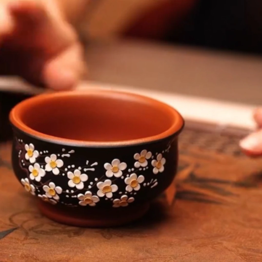 宜兴原矿紫砂 全手工全原矿 石黄 梅花 堆绘