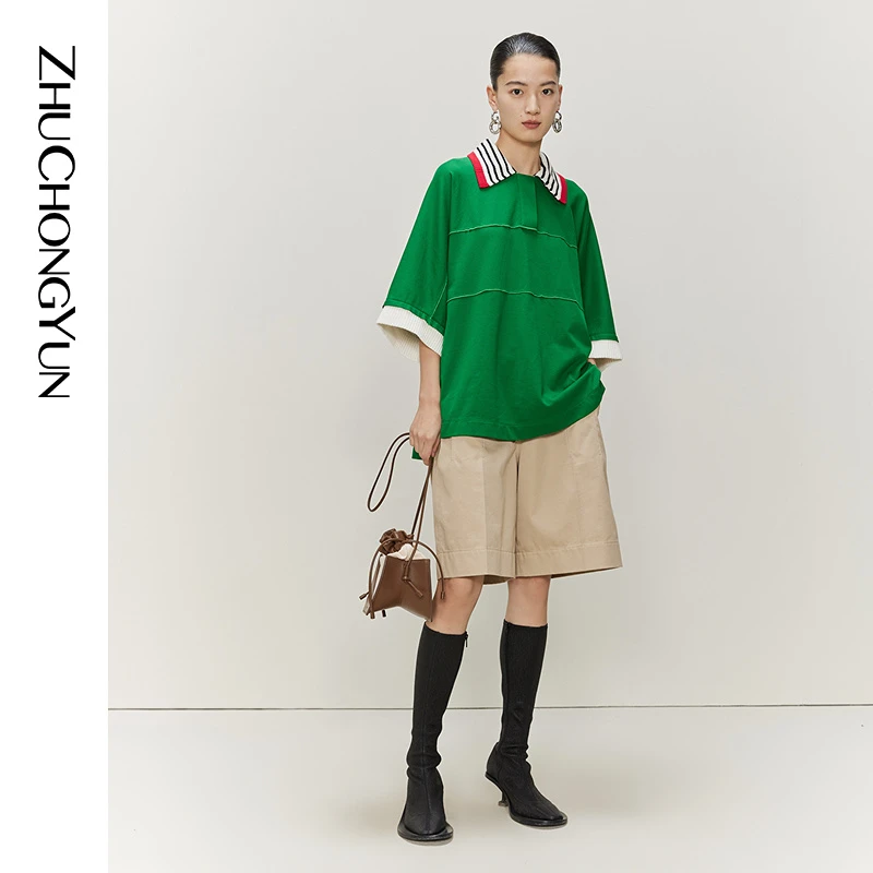 ZHUCHONGYUN春款通勤时尚拼色针织领口polo上衣女士C1DE25691