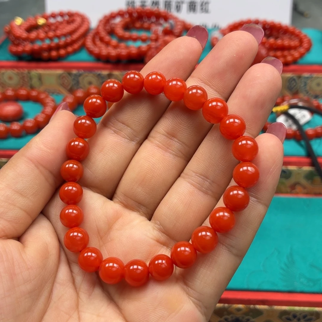 南红玛瑙未镶嵌手串三眼井柿子红8➕