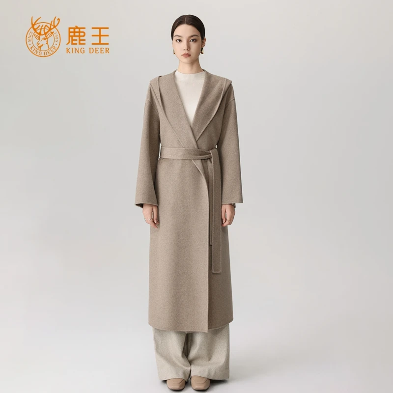 【小山羊绒系列】鹿王女连帽100小山羊绒系带长款大衣 CA8803