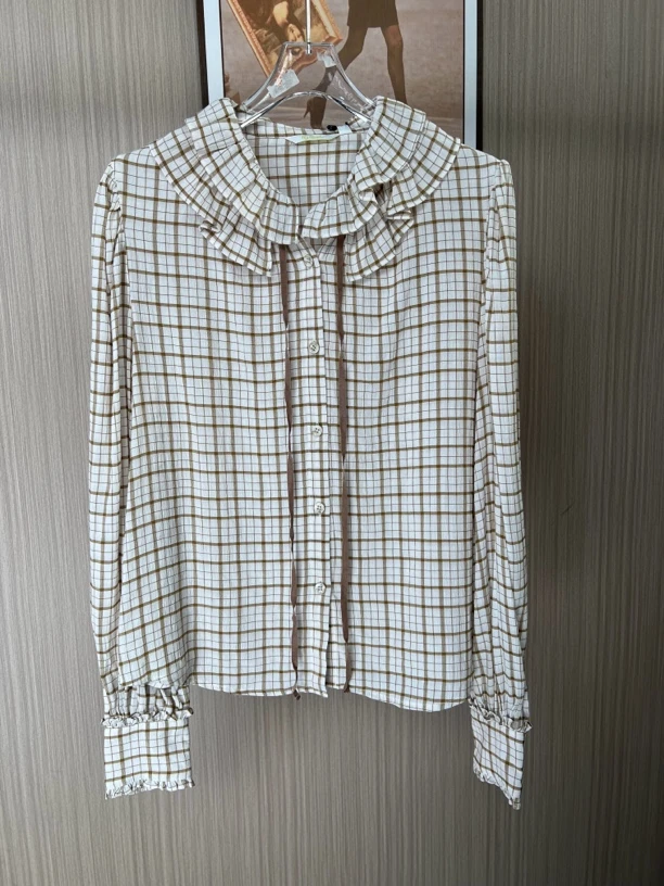 9264欧货品牌撤柜fg女装春夏新款时尚气质百搭格纹荷叶边衬衫