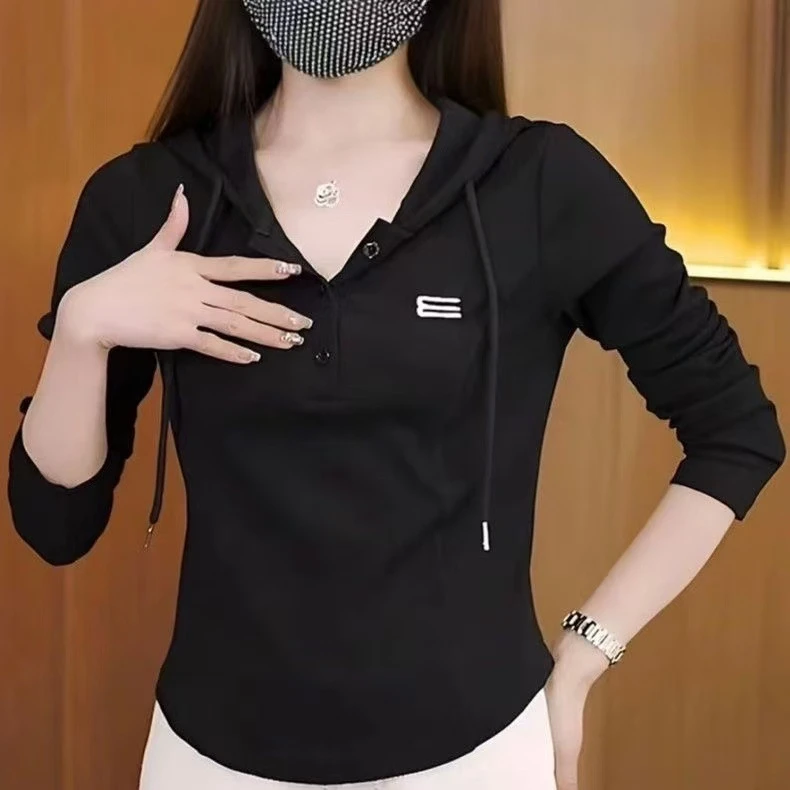 打底衫小个子连帽新款上衣女小衫弧形长袖时尚下摆t恤春秋装
