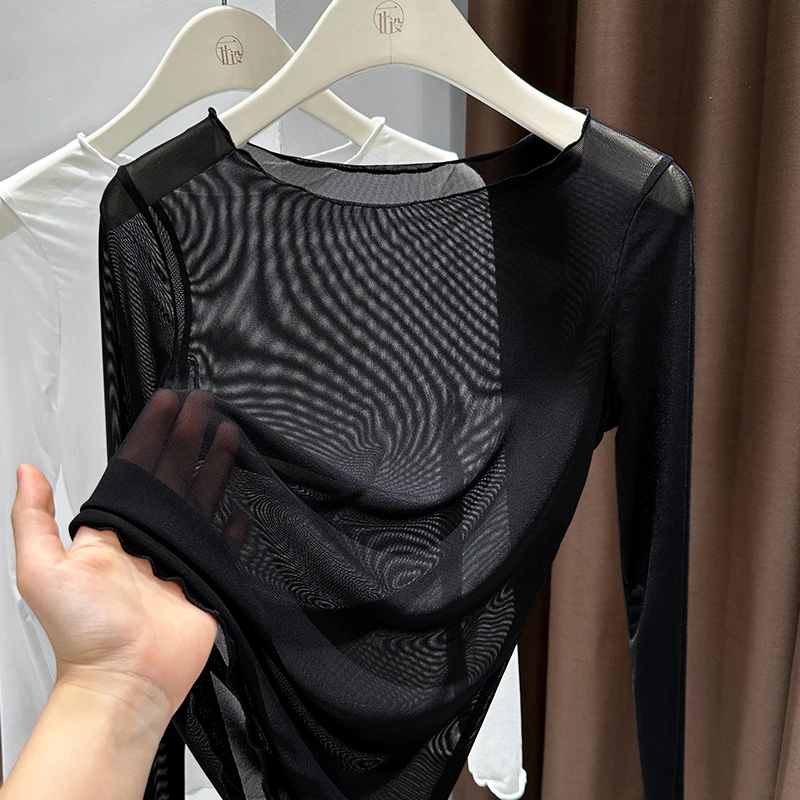 黑色薄透圆领长袖网纱T恤上衣女爆款2025夏季冰丝蕾丝打底衫