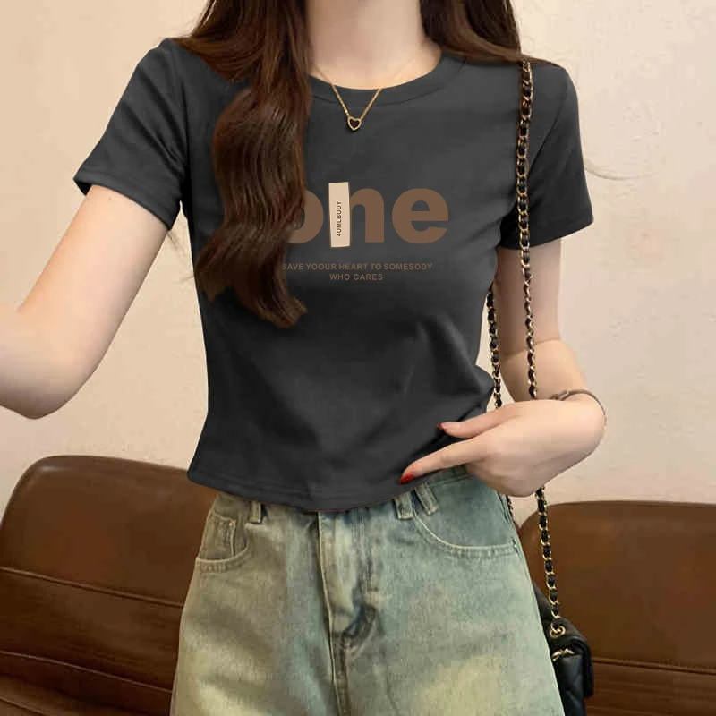 夏季短款美式印花短袖t恤女2025新款修身显瘦时尚设计感纯棉上衣