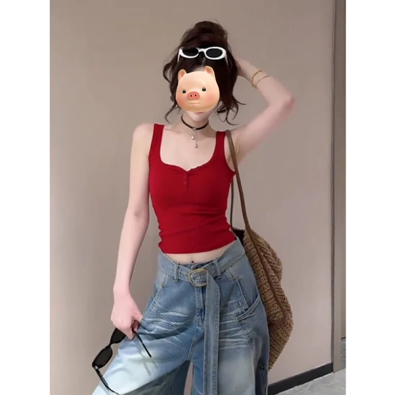 红色V领冰丝针织吊带背心女夏季外穿小个子修身辣妹短款无袖上衣