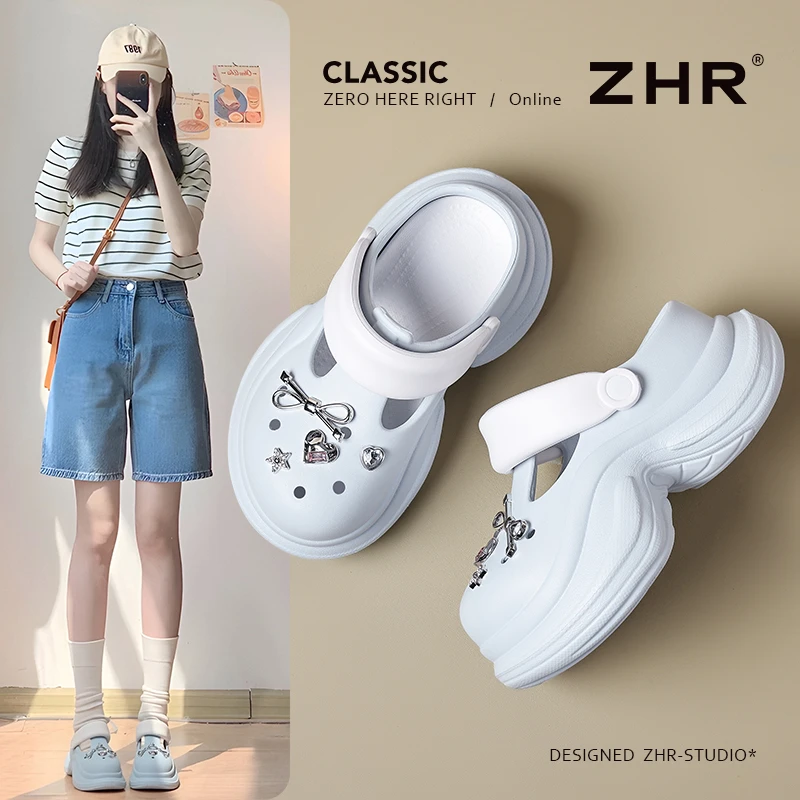 ZHR小个子增高厚底洞洞鞋女款2025夏新款旅行包头拖鞋外穿沙滩鞋