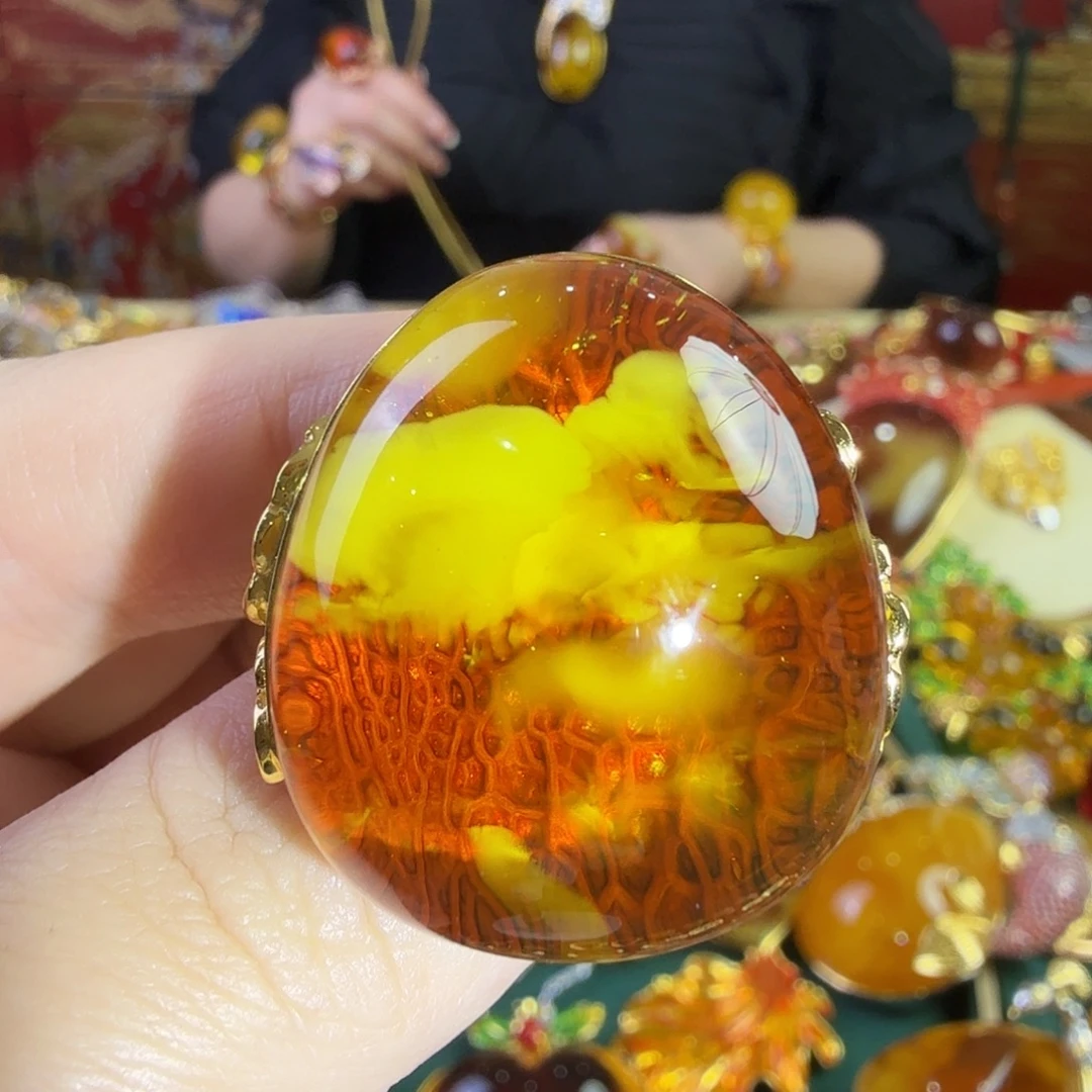 蜜蜡银S925镀金镶嵌戒指