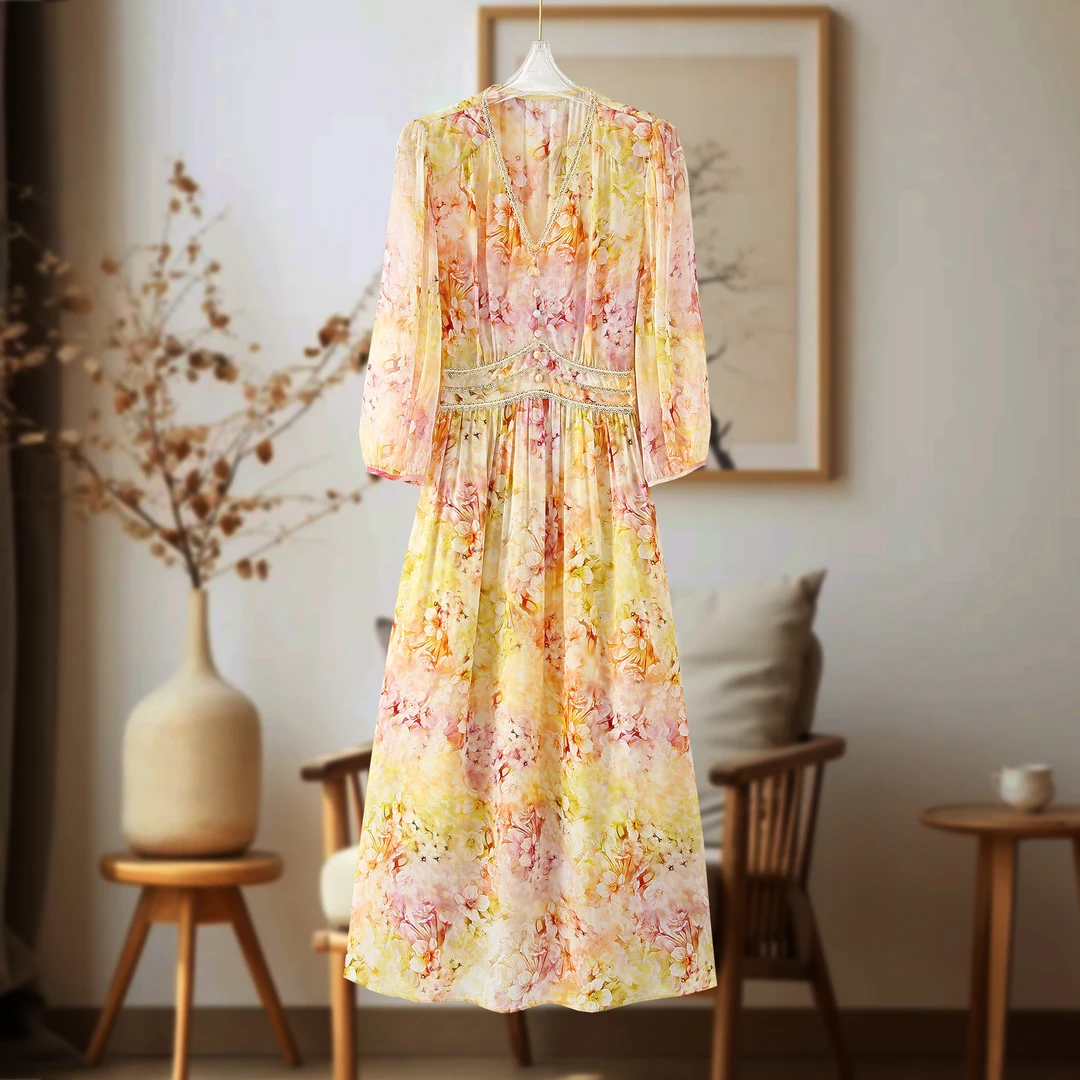 “繁花似锦”重磅单层6A真丝V领印花100%桑蚕丝气质女装连衣裙5612