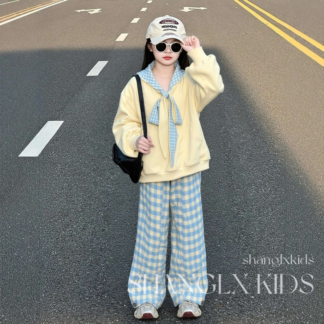 女童巨好看套装6-12岁15岁女孩2025新款秋季格子拼接卫衣两件套潮