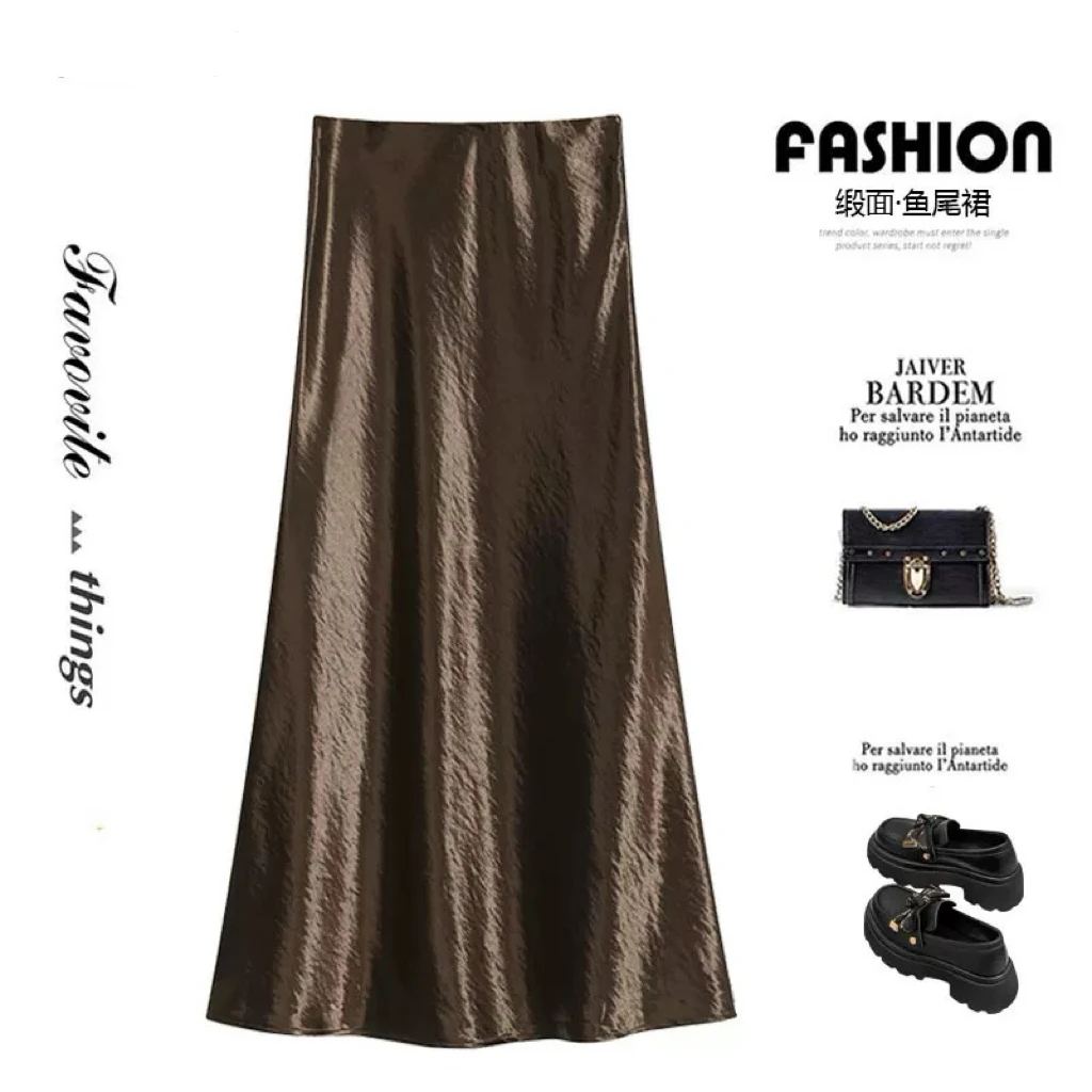 缎面百搭垂坠感半身裙女2025早春新款高腰显瘦包臀鱼尾中长裙女