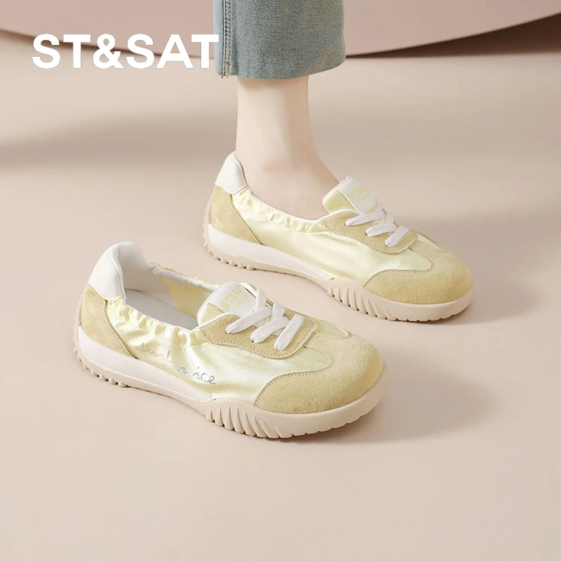 星期六透气缎面单鞋女2025夏季新款一脚蹬浅口小白女鞋休闲德训鞋