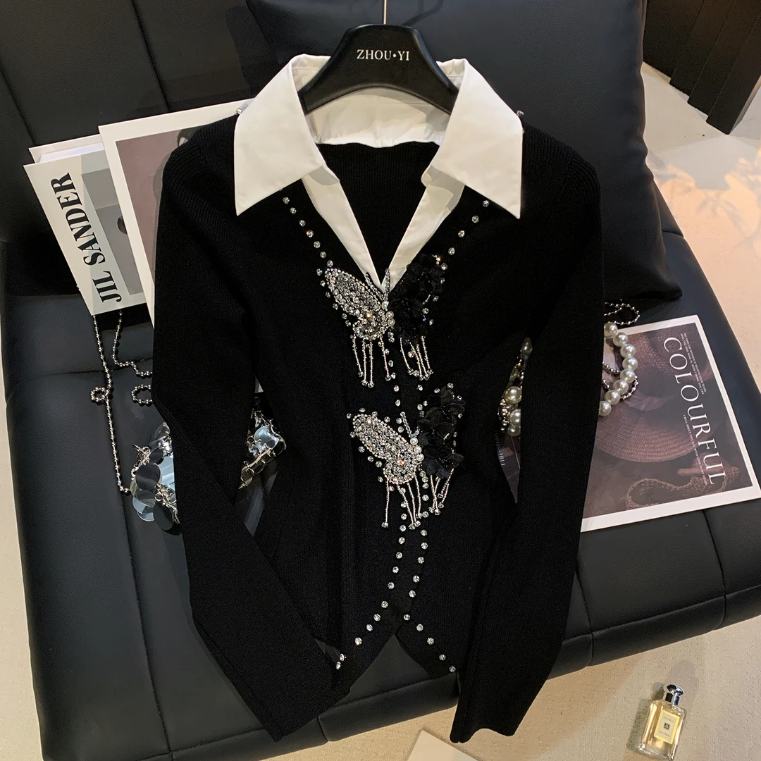ZHOUYI/周一 设计感黑色镶钻蝴蝶翻领上衣秋季修身气质长袖针织衫