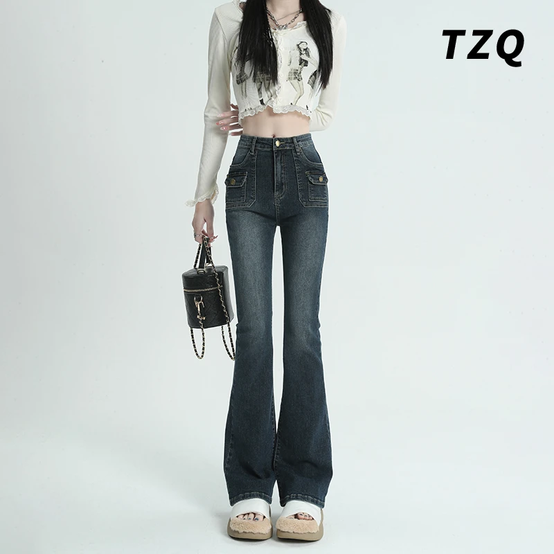 加绒弹力显瘦牛仔裤女2025新款高腰多口袋设计喇叭裤子TZQ123005