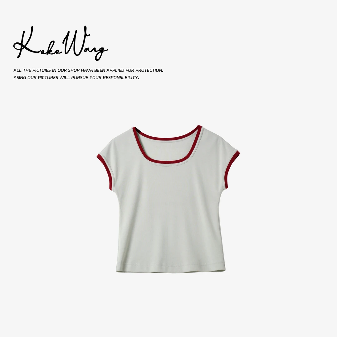 KOKO WANG 夏季时尚撞色拼接简约方领修身显瘦红边T恤N5705F04T41