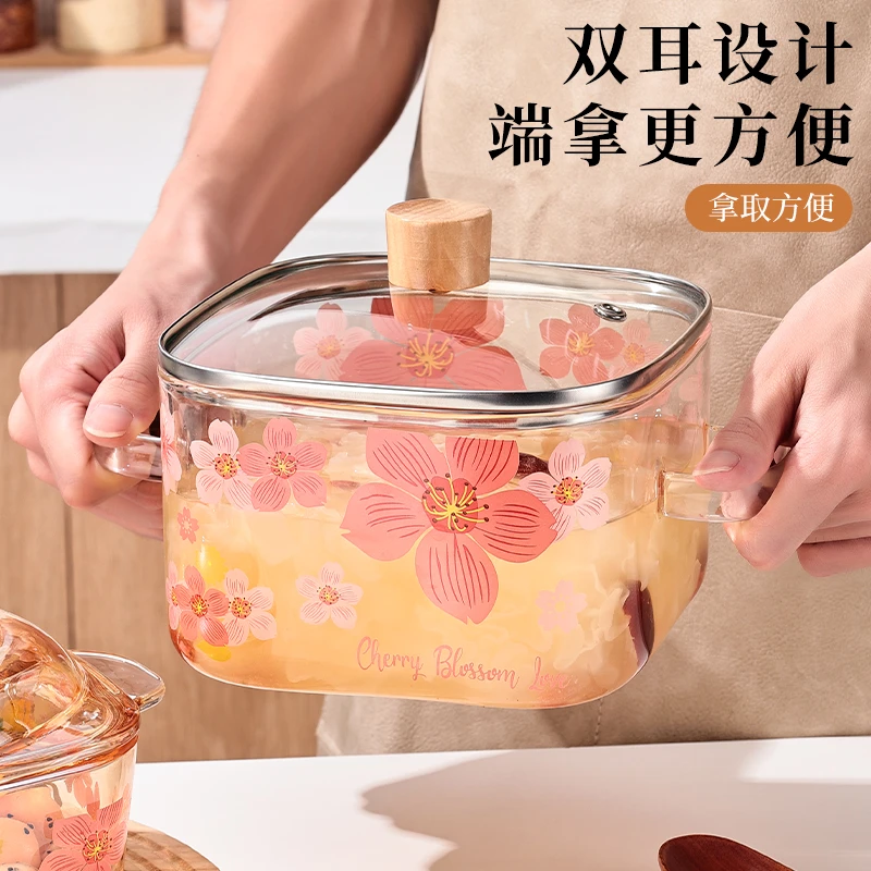 樱花方形透明煲耐热玻璃碗加盖子家用厚实双手柄碗