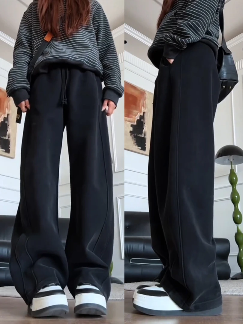 黑色加绒弯刀休闲裤女秋冬新款大码胖mm梨形身材宽松显瘦运动卫裤