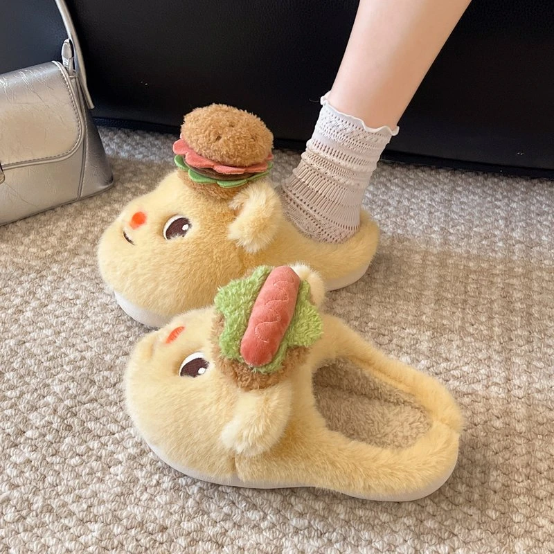 可爱汉堡小熊毛毛拖鞋女冬季新款加绒保暖室内居家防滑包头棉拖鞋