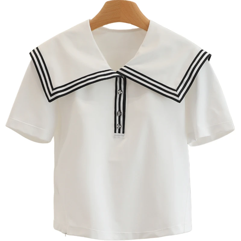 F2098-【珞】大翻领条纹修身短袖套头衬衫#BLU56S015