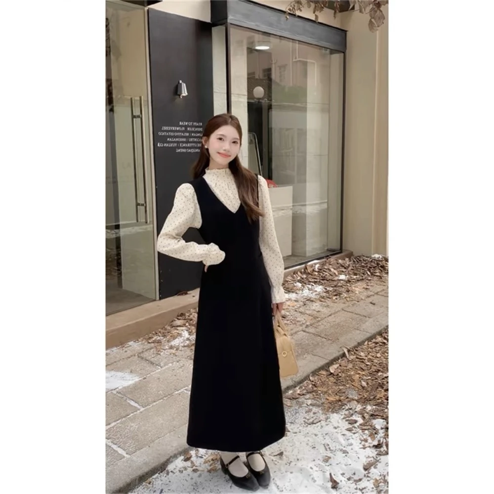 甜美半高领宽松长袖波点衬衫女秋冬季法式复古V领背心裙套装8371