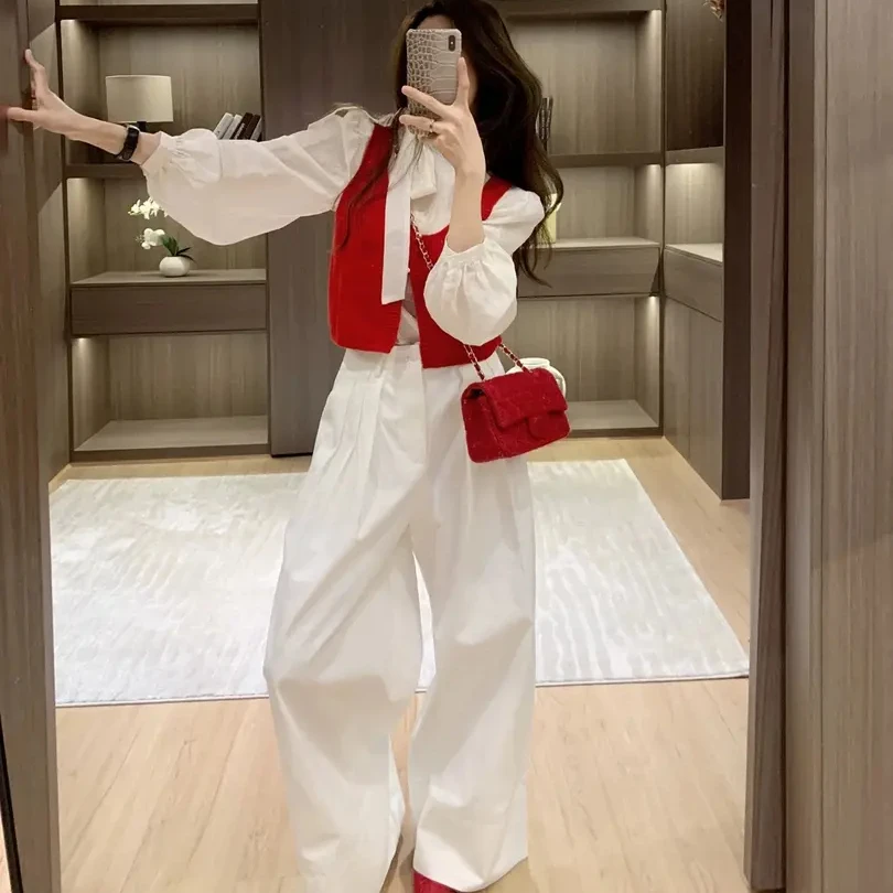 开春穿搭套装2025高级感减龄显瘦衬衫马甲搭配阔腿裤三件套上衣女