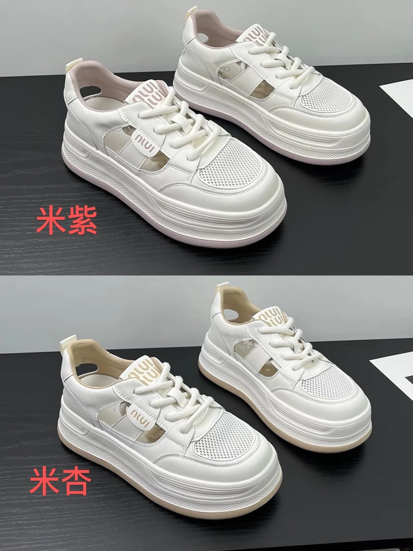 023-267镂空小白鞋女2025夏款厚底轻便松糕网面透气运动休闲板鞋