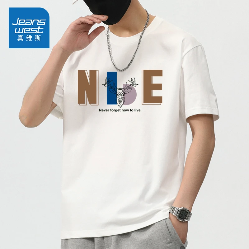 Jeanswest/真维斯印花短袖T恤男生夏季薄款宽松休闲潮牌百搭半袖
