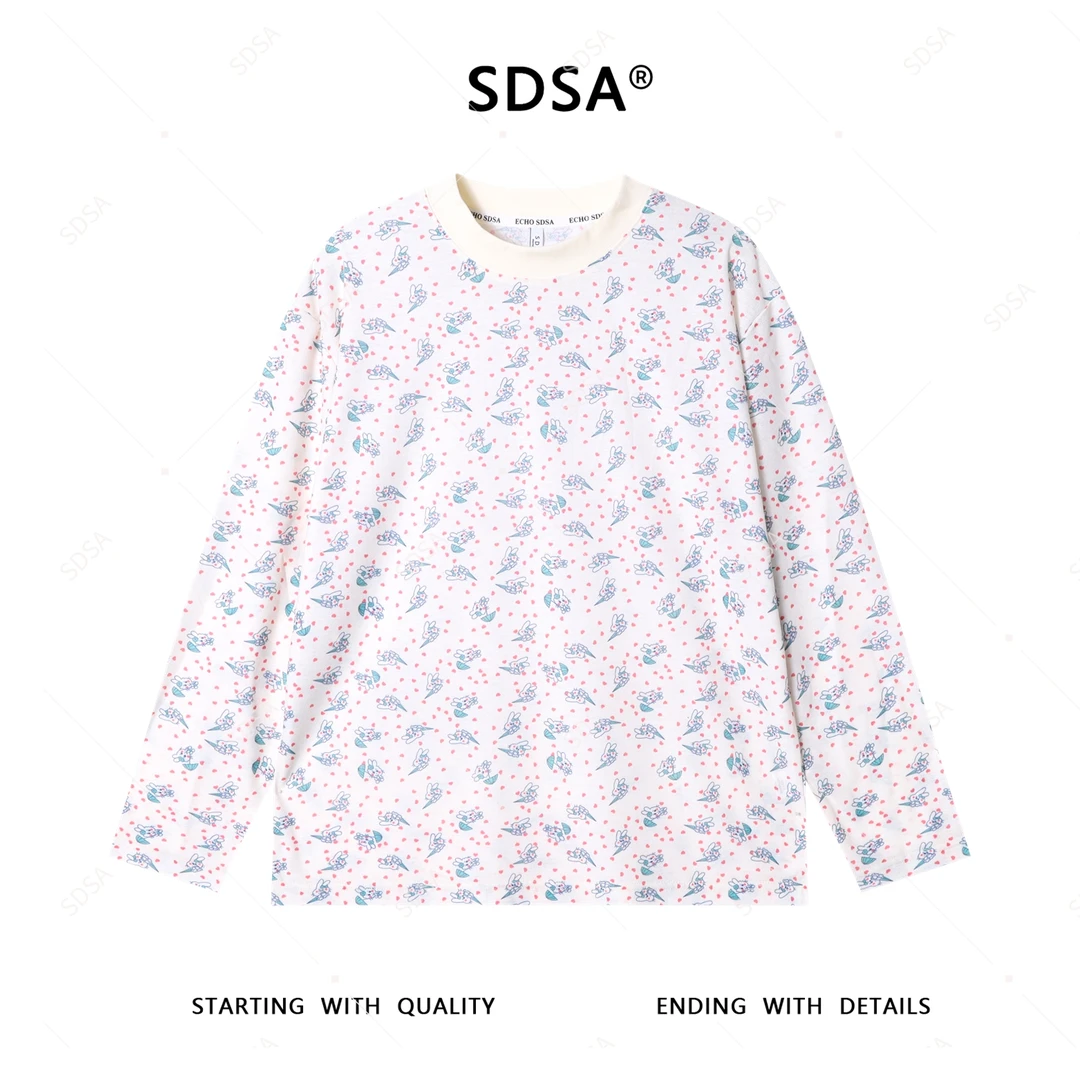 SDSA男士2025新款轻奢痞帅男装满印爱心兔子设计圆领长袖T恤舒适