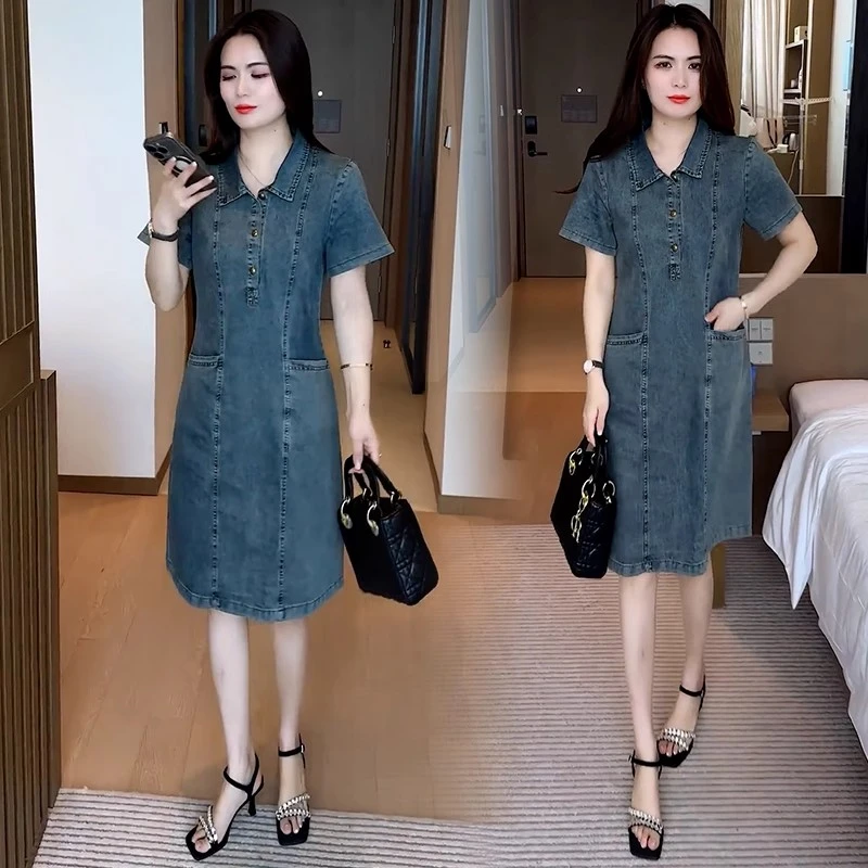 时尚牛仔连衣裙女2025夏季洋气显瘦薄款中长款衬衫领气质减龄裙子