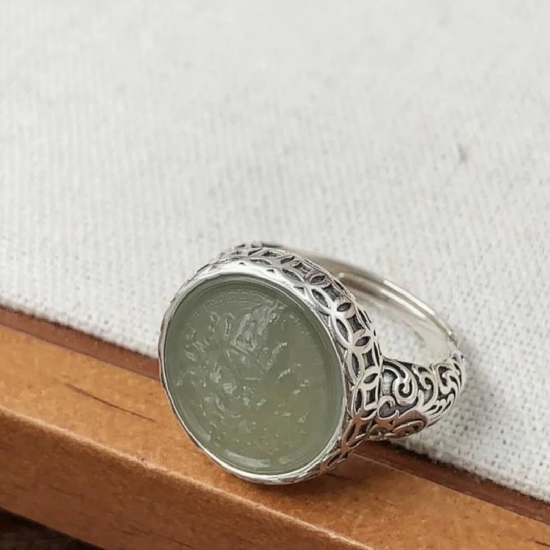 S925银戒指男女同款和田玉黄财神钱币进财戒指