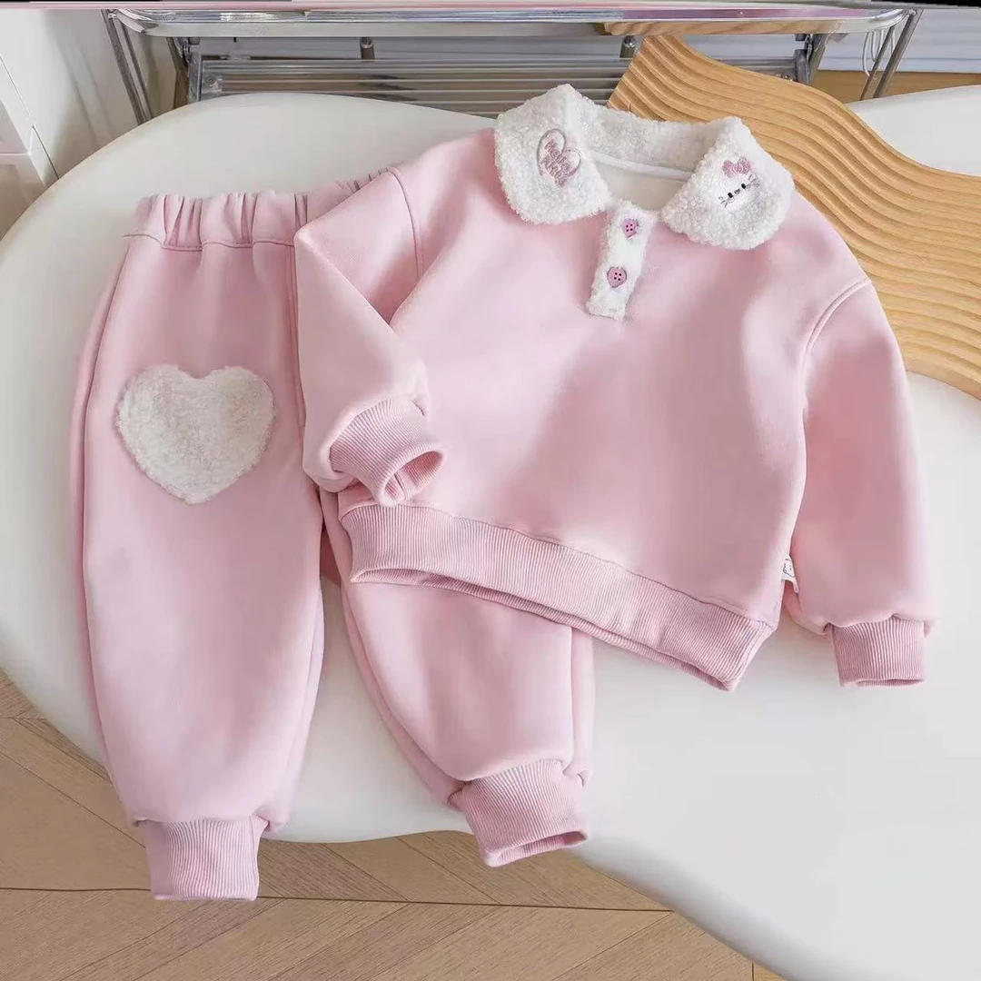 女童粉色小猫刺绣翻领加绒卫衣卫裤时尚洋气