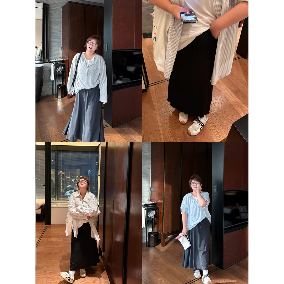 老章和小胖PONGKIKI夏日裸感鱼尾裙大码夏季百搭显瘦松紧腰半身裙