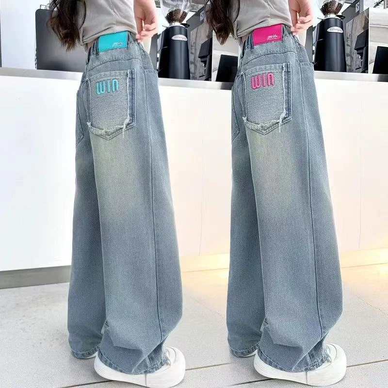 女童牛仔阔腿裤春秋2025新款中大童春季休闲阔腿裤儿童直筒长裤子
