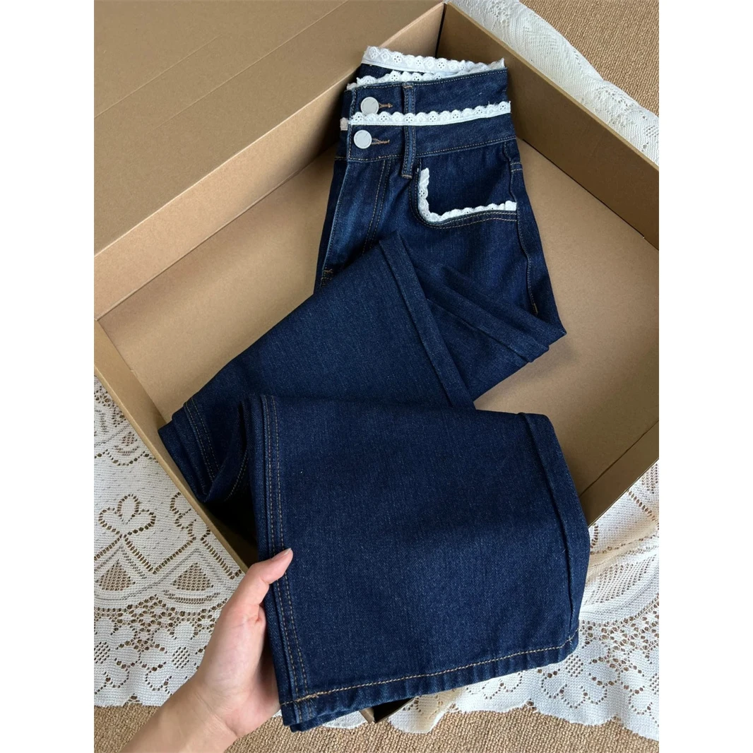 设计感蕾丝边高腰直筒牛仔裤女春季新款深蓝色宽松显瘦窄版阔腿裤