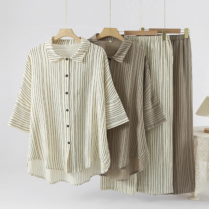 2025年新款两色竖条纹纯棉绉纱均码长袖长裤居家服睡衣