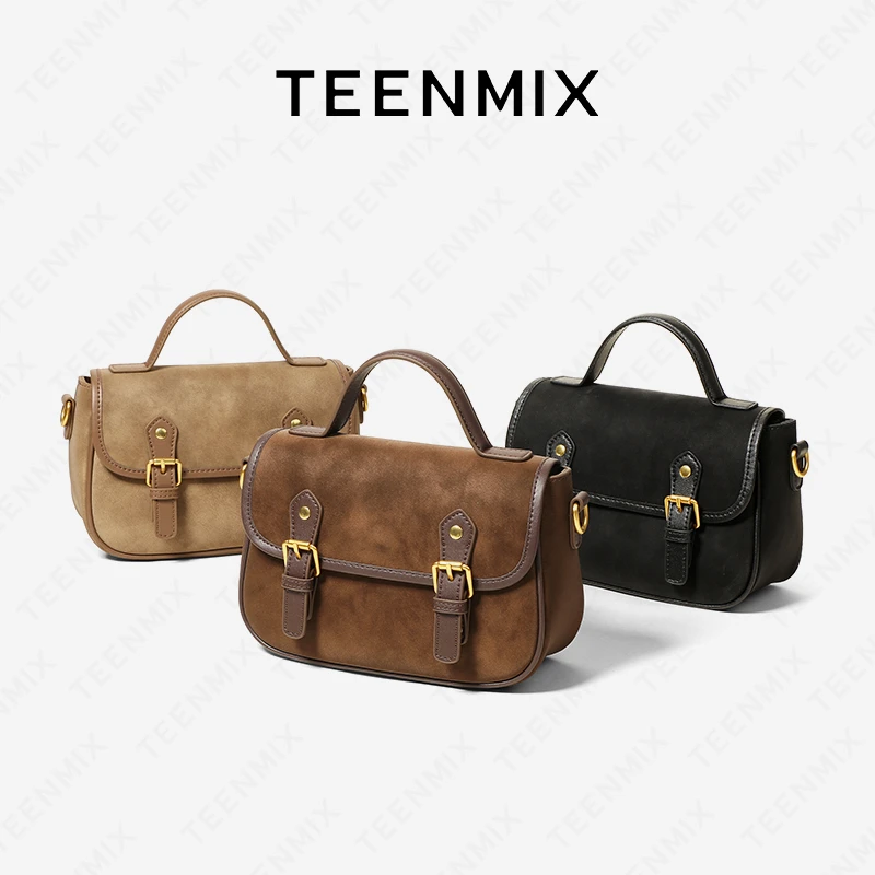 天美意2025新款流光风剑桥包牛皮手提包简约斜挎包通勤复古邮差包