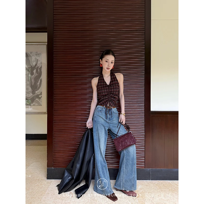 鹭青一【窗格】挂脖背薪夏季复古格纹小众设计打底外穿短款上衣