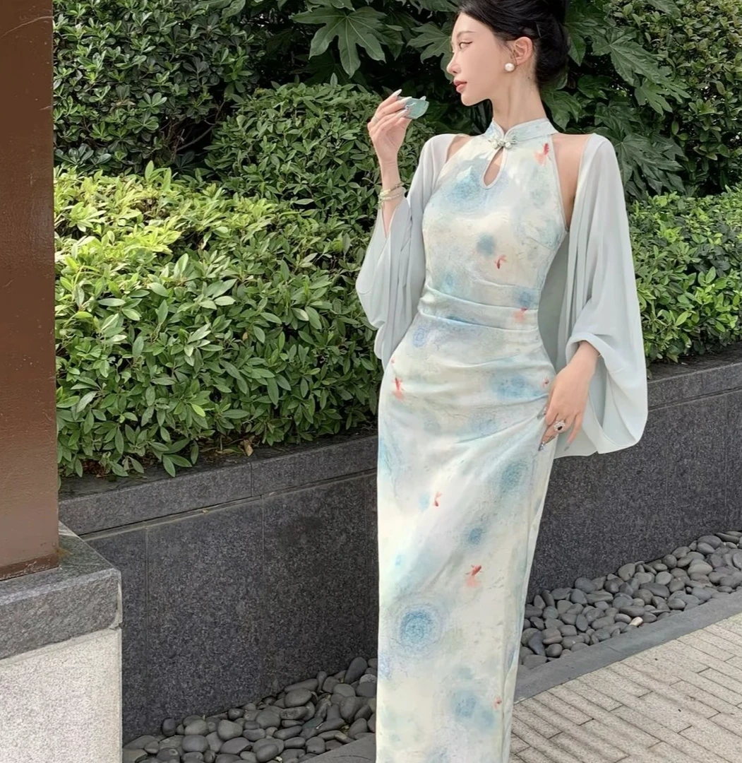 【小金鱼】中式国风夏日挂脖湖水蓝旗袍日常修身开衫+连衣裙女B016